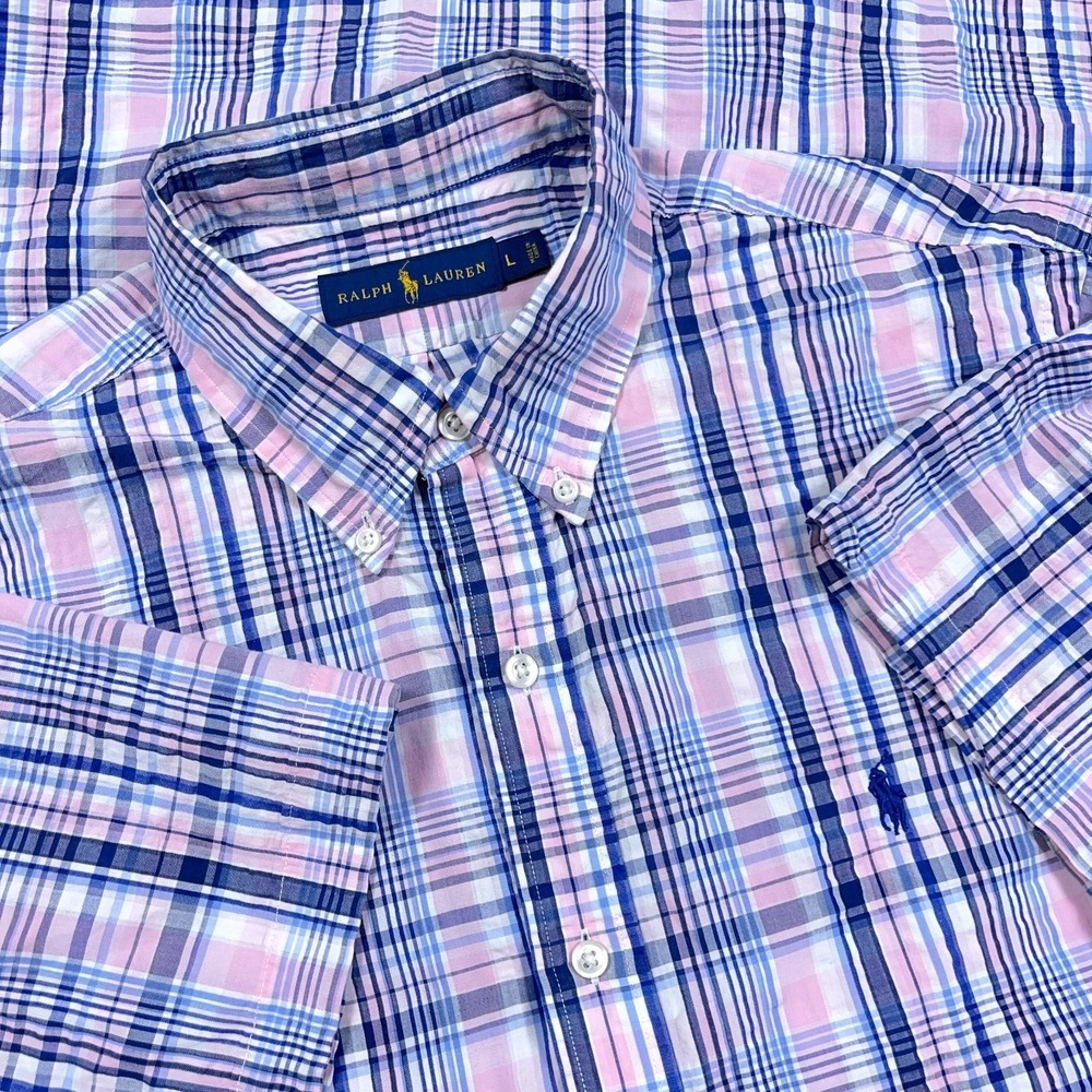 Ralph Lauren Shirt Men Large Pink Blue Button‎ Up Seersucker Tartan Plaid Camp